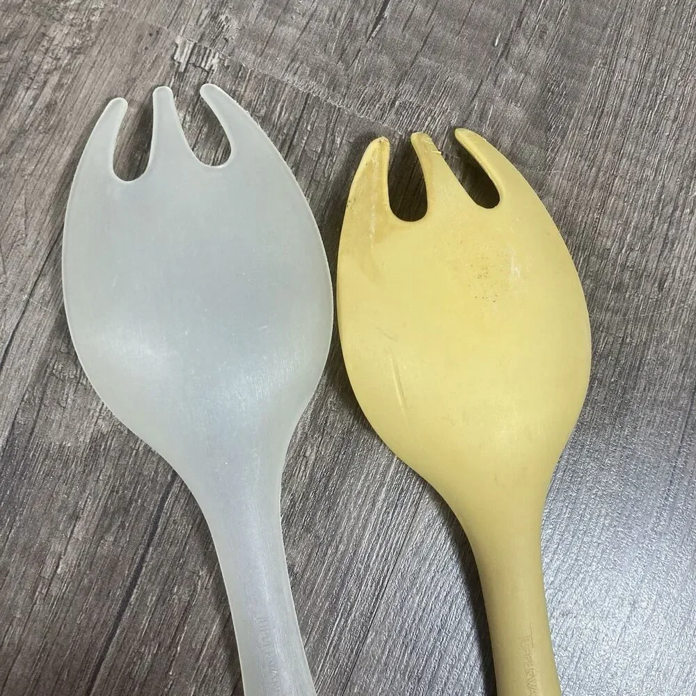 Vintage TUPPERWARE Spoons Fork Salad Serving Sporks Frosted Clear And Yellow